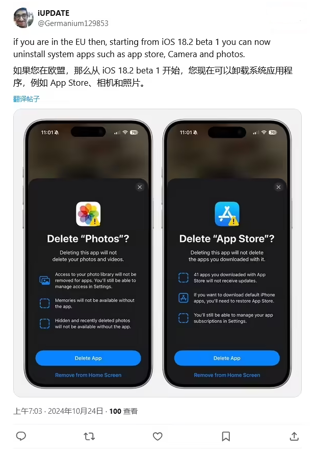 保城镇苹果手机维修分享iOS 18.2 支持删除 App Store 应用商店 